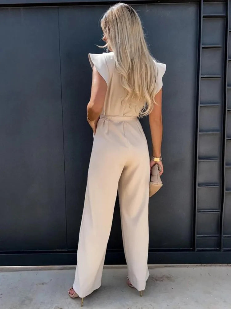 Women's Jumpsuit with Ruffle Sleeves and Waist Belt - 3