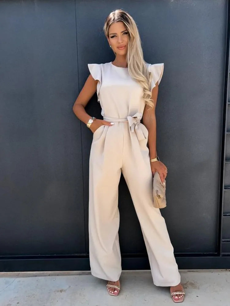 Women's Jumpsuit with Ruffle Sleeves and Waist Belt - Apricot
