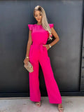 Women's Jumpsuit with Ruffle Sleeves and Waist Belt - Pink
