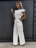 Women's Jumpsuit with Ruffle Sleeves and Waist Belt - White
