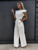 Women's Jumpsuit with Ruffle Sleeves and Waist Belt - White