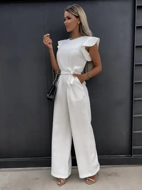 Women's Jumpsuit with Ruffle Sleeves and Waist Belt - White