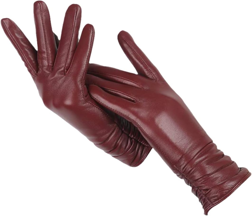 Women's Faux Leather Gloves with Warm Lining - Burgundy