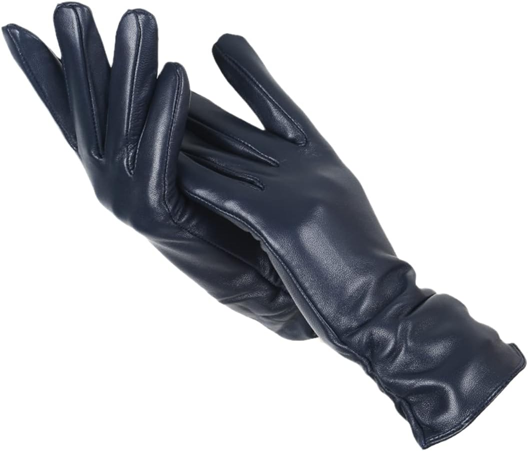 Women's Faux Leather Gloves with Warm Lining - Navy Blue