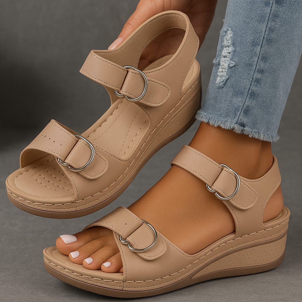Women's Wedge Sandals with Adjustable Straps and Open Toe - Khaki
