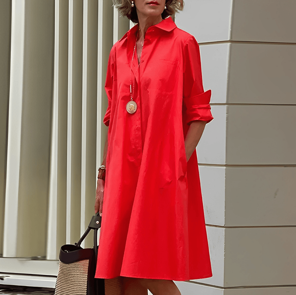 Women's Shirt Dress with Lapel Collar and Colour Block Design - Red