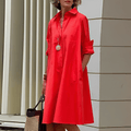 Women's Shirt Dress with Lapel Collar and Colour Block Design - Red