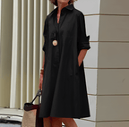 Women's Shirt Dress with Lapel Collar and Colour Block Design - Black