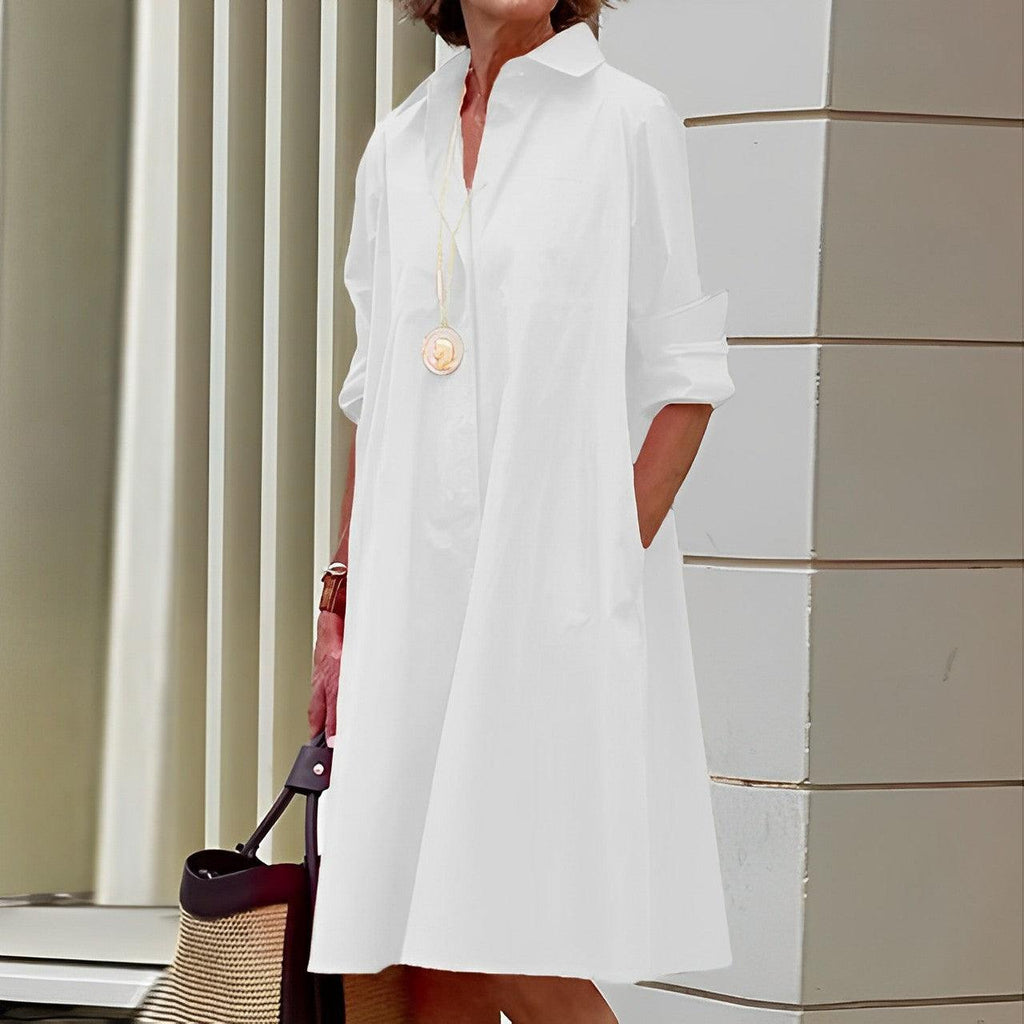 Women's Shirt Dress with Lapel Collar and Colour Block Design - White