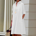 Women's Shirt Dress with Lapel Collar and Colour Block Design - White