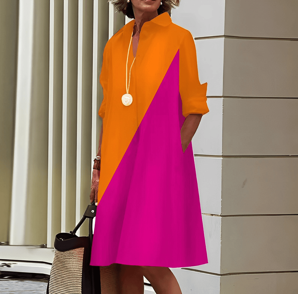 Women's Shirt Dress with Lapel Collar and Colour Block Design - 2
