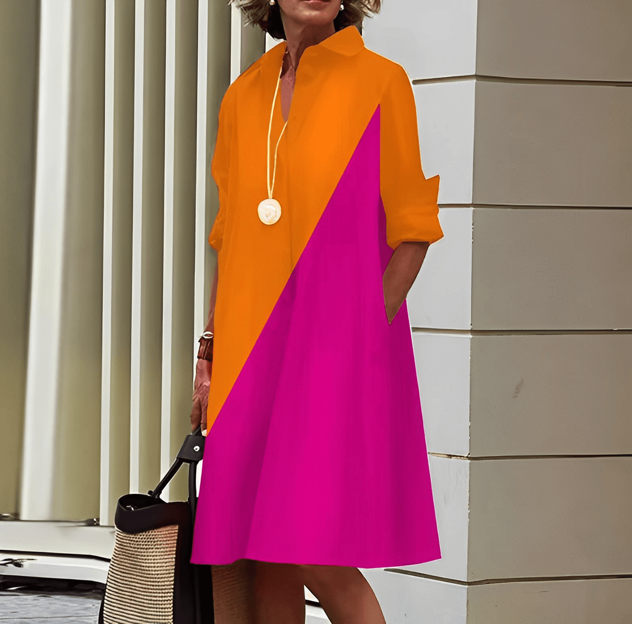 Women's Shirt Dress with Lapel Collar and Colour Block Design - 2