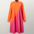 Women's Shirt Dress with Lapel Collar and Colour Block Design - Orange-Red