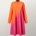 Women's Shirt Dress with Lapel Collar and Colour Block Design - Orange-Red