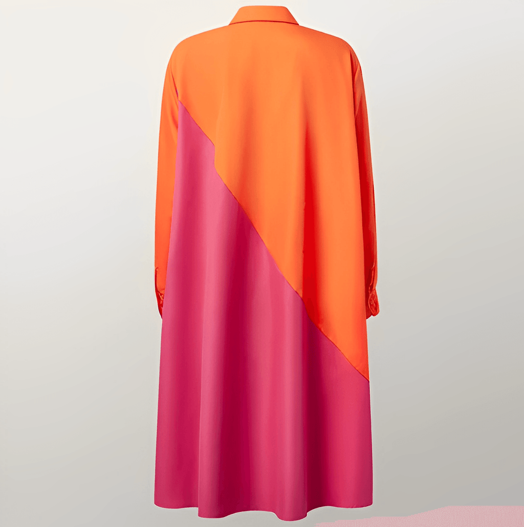Women's Shirt Dress with Lapel Collar and Colour Block Design - 3