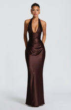 Women's Backless Maxi Dress with Halter Neck and Draped Satin Skirt - 5