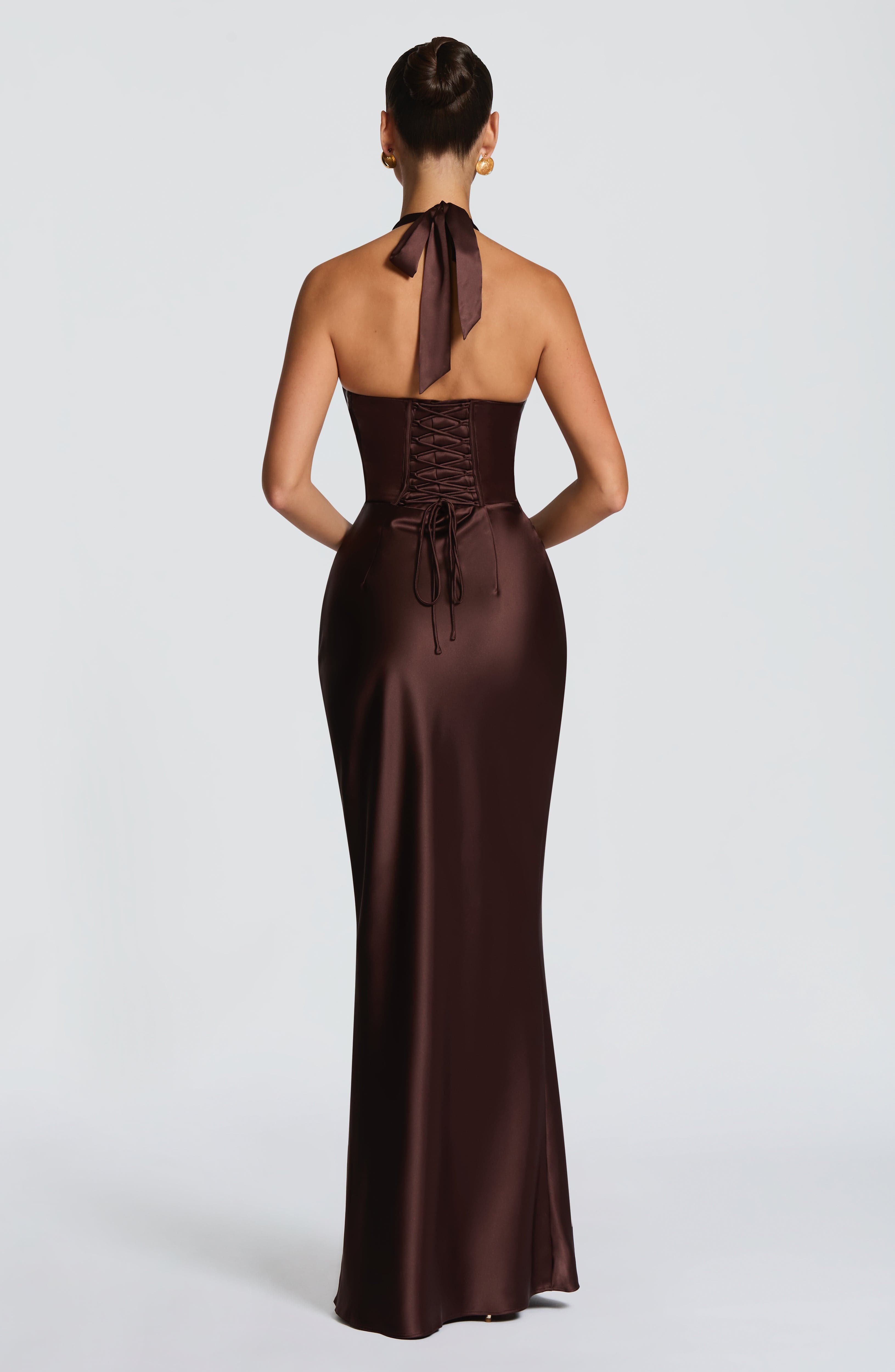 Women's Backless Maxi Dress with Halter Neck and Draped Satin Skirt - 3