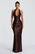 Women's Backless Maxi Dress with Halter Neck and Draped Satin Skirt - 2