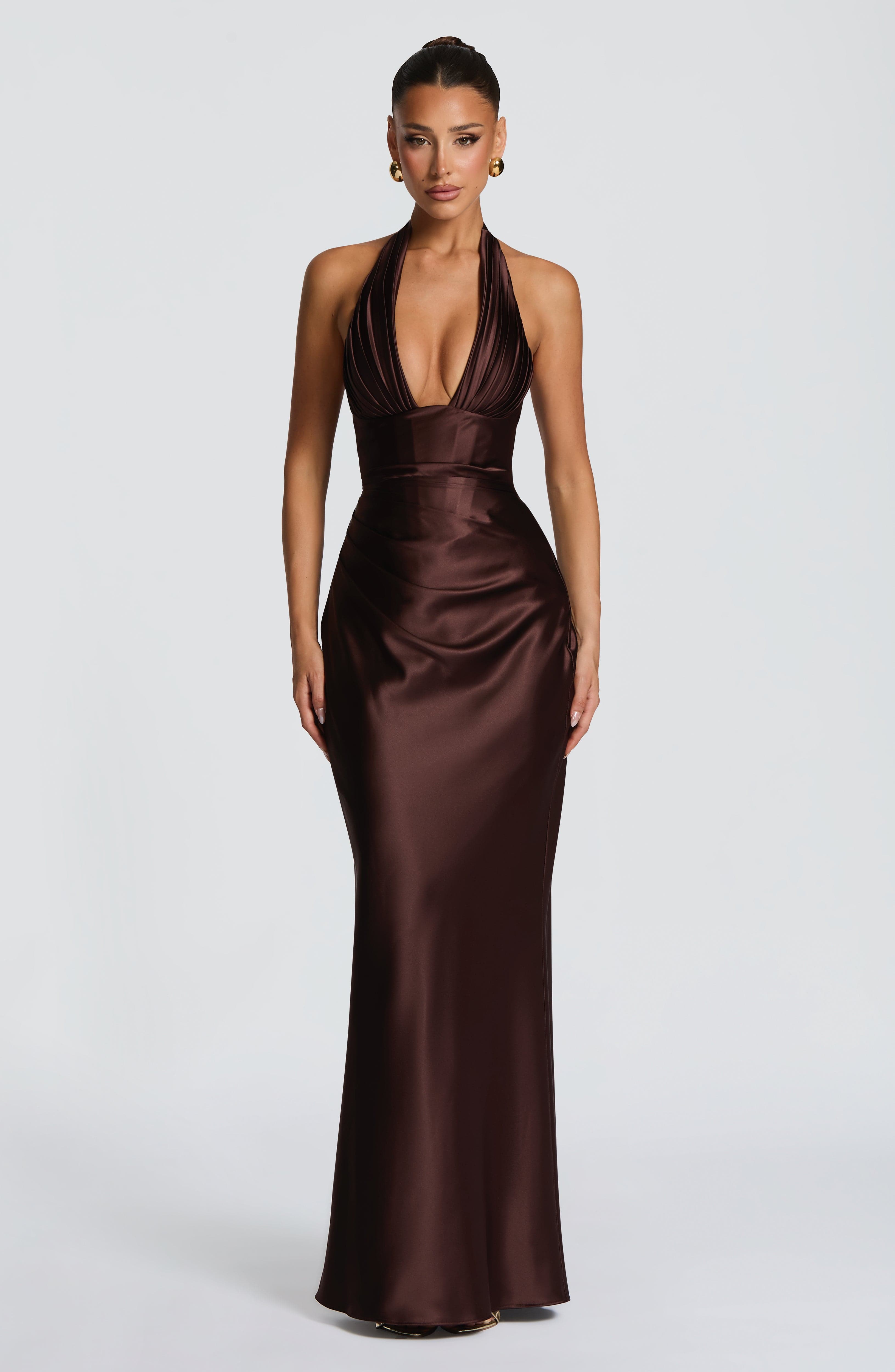 Women's Backless Maxi Dress with Halter Neck and Draped Satin Skirt - 2