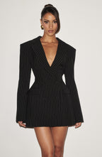 Women's Blazer Dress Double-Breasted with Pinstripe Print and Tailored Fit - 4