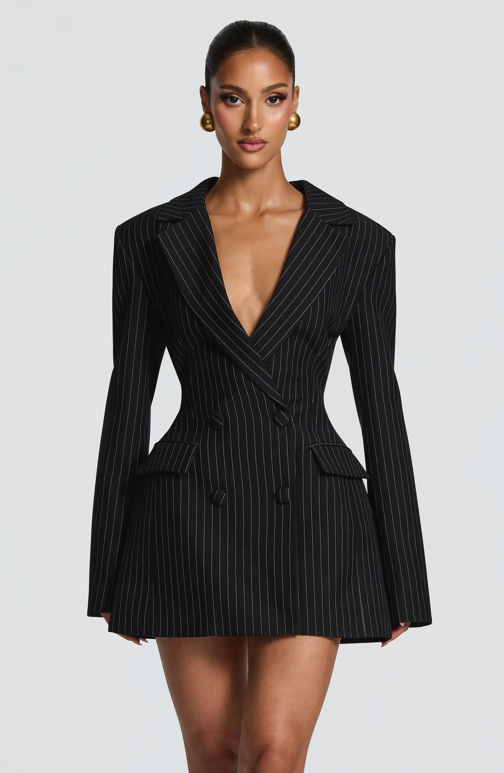 Women's Blazer Dress Double-Breasted with Pinstripe Print and Tailored Fit - 2