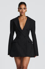 Women's Blazer Dress Double-Breasted with Pinstripe Print and Tailored Fit - 2