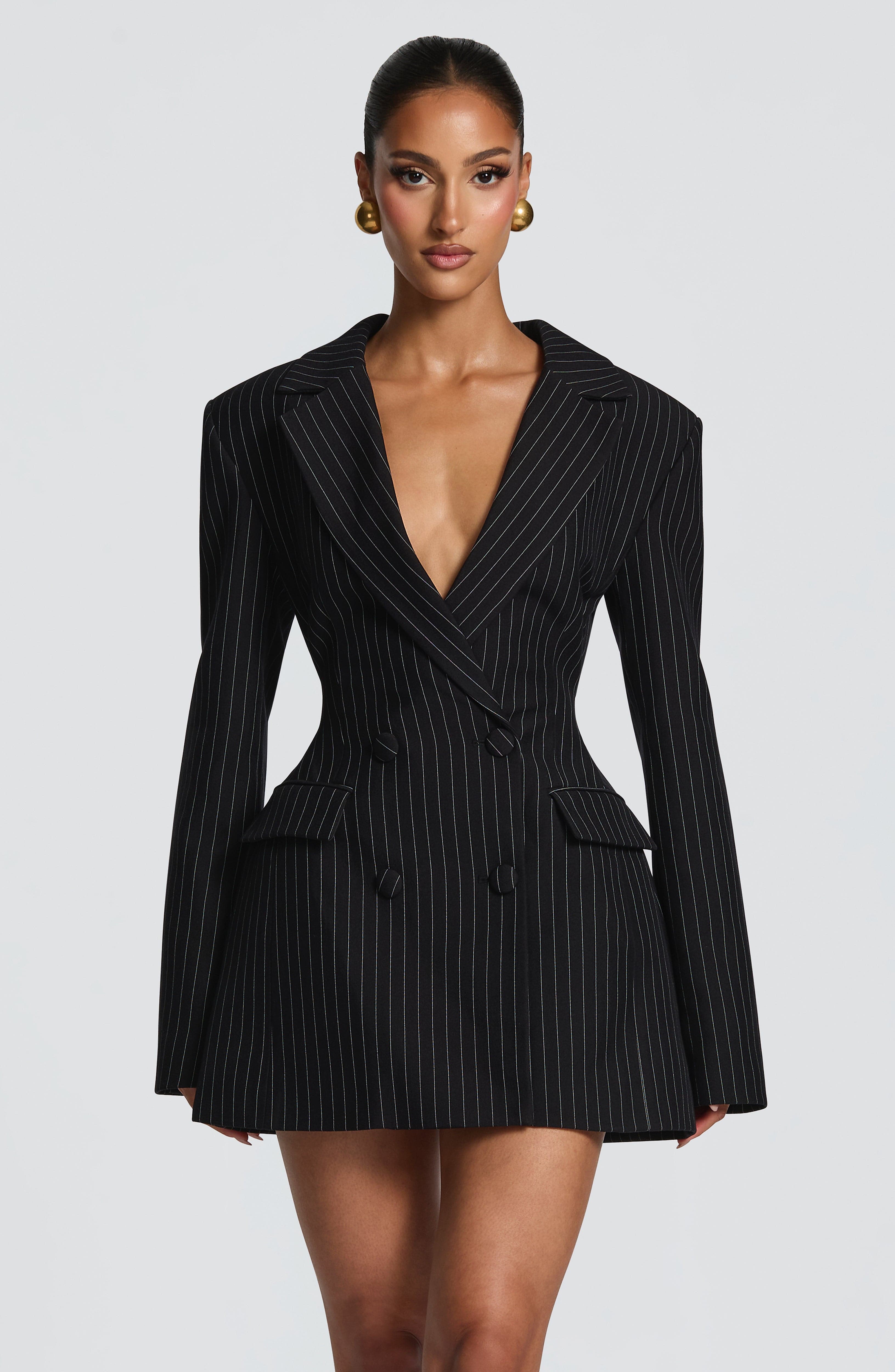 Women's Blazer Dress Double-Breasted with Pinstripe Print and Tailored Fit - 2