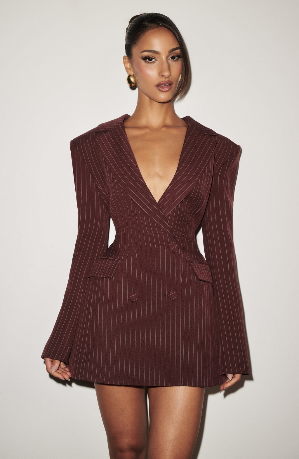 Women's Pinstripe Blazer Dress with Double-Breasted Front and Long Sleeves - 4