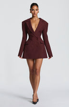 Women's Pinstripe Blazer Dress with Double-Breasted Front and Long Sleeves - 9