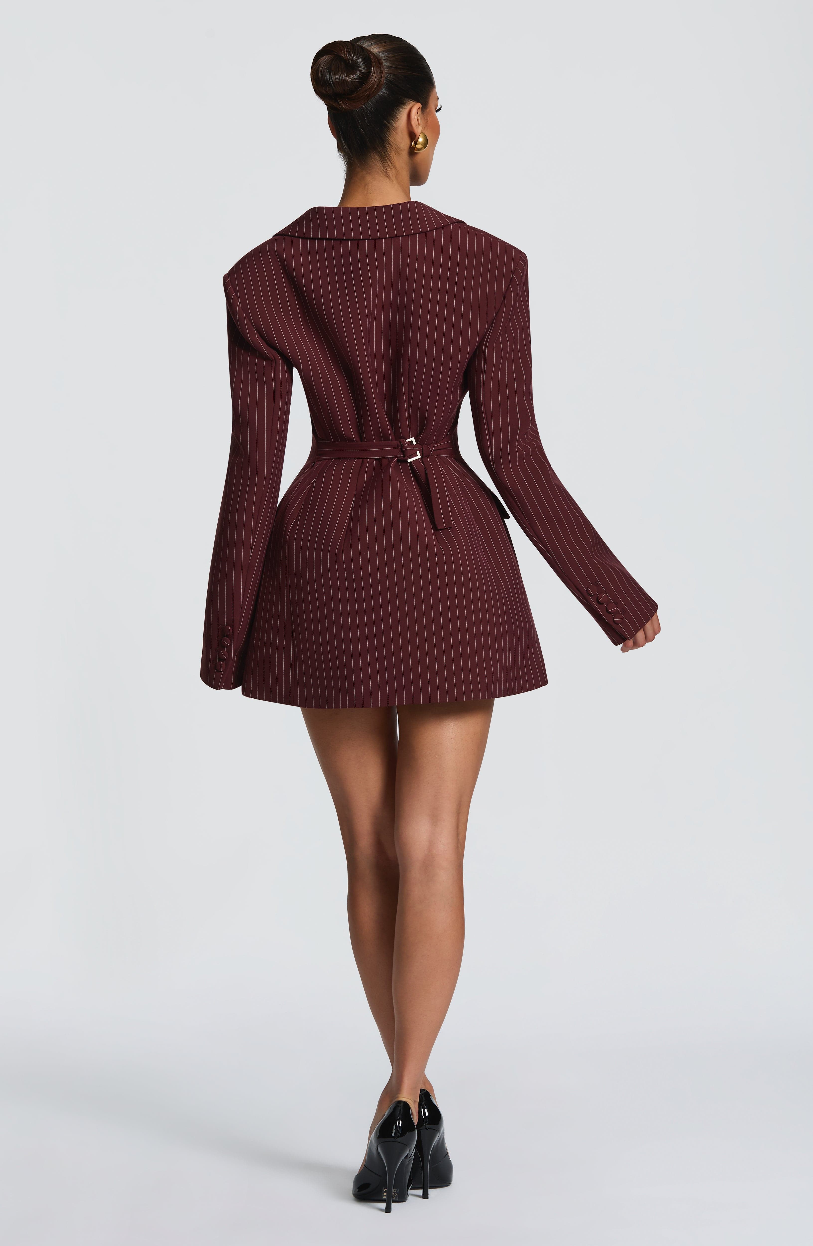 Women's Pinstripe Blazer Dress with Double-Breasted Front and Long Sleeves - 3