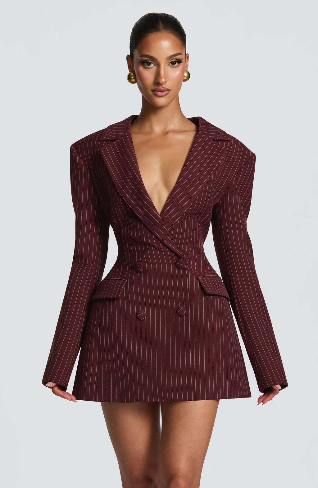 Women's Pinstripe Blazer Dress with Double-Breasted Front and Long Sleeves - 2
