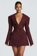 Women's Pinstripe Blazer Dress with Double-Breasted Front and Long Sleeves - 2