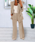 Women's Tailored Blazer and Trousers Co-ord Set with Structured Lapel - Beige