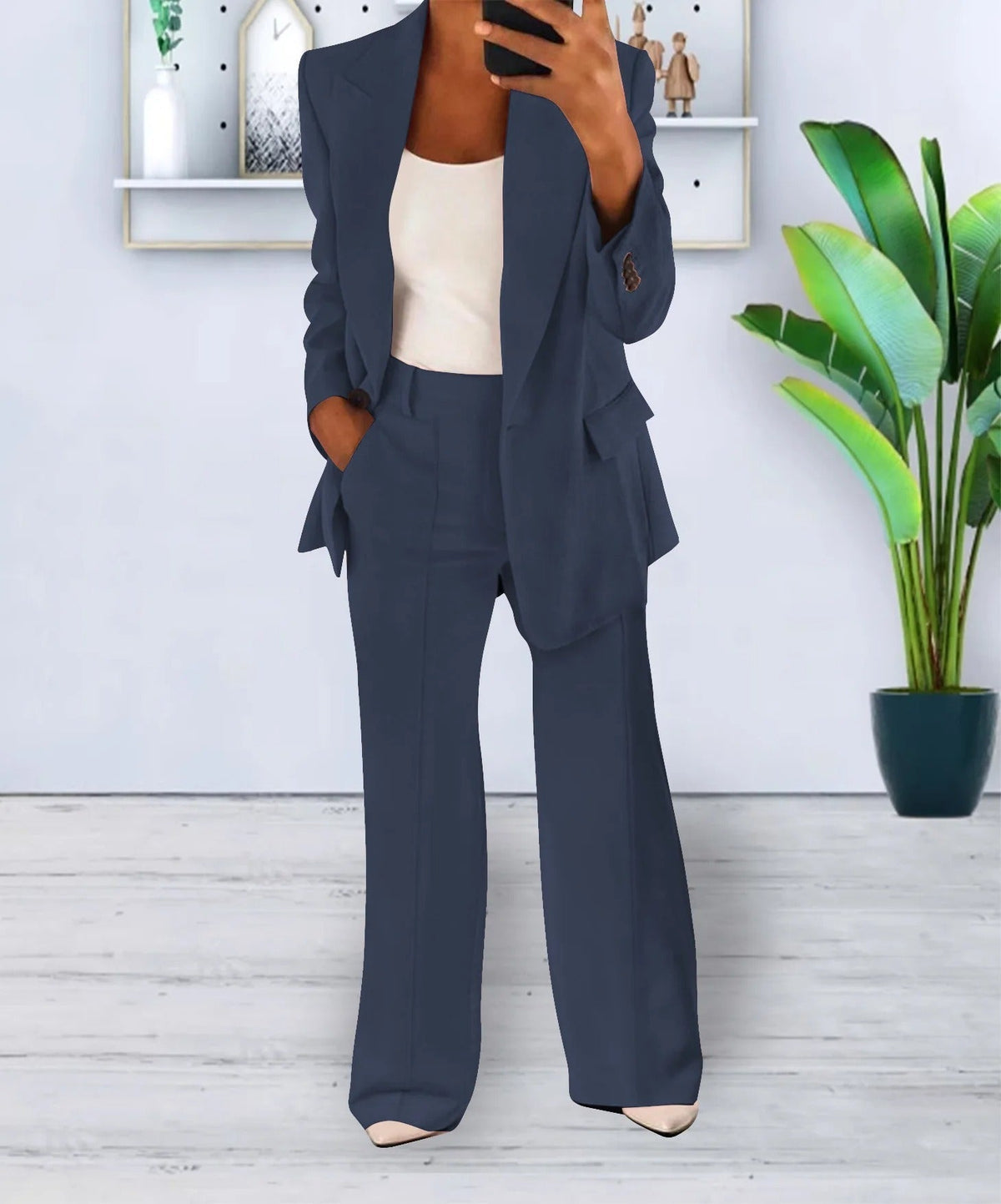 Women's Tailored Blazer and Trousers Co-ord Set with Structured Lapel - Dark Blue