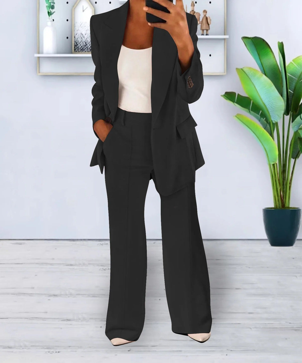 Women's Tailored Blazer and Trousers Co-ord Set with Structured Lapel - Black