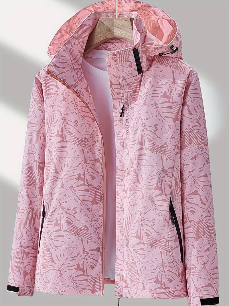 Men's Hooded Outdoor Jacket with Zip Fastening and Printed Design - Light Pink