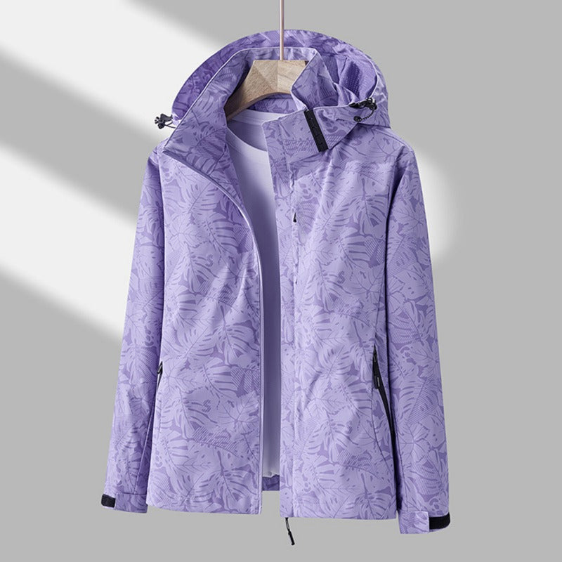 Men's Hooded Outdoor Jacket with Zip Fastening and Printed Design - Purple