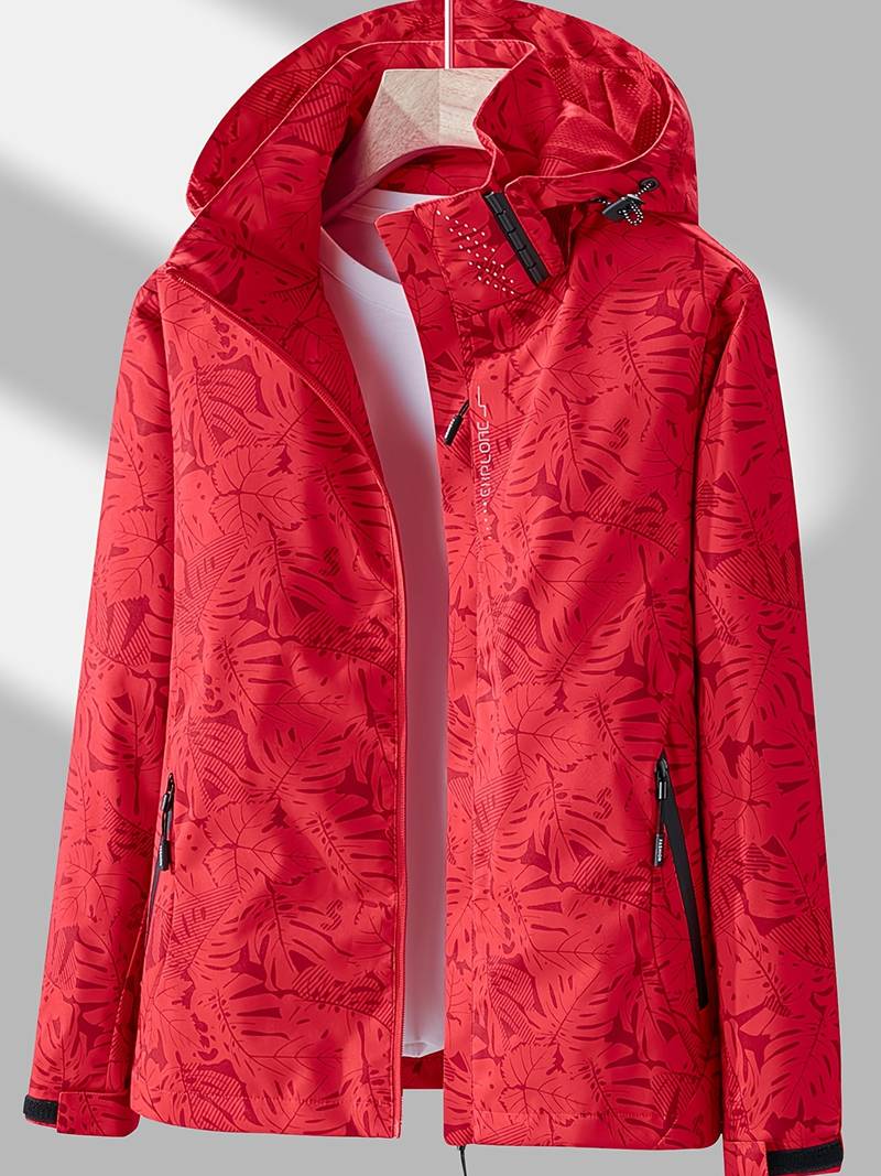 Men's Hooded Outdoor Jacket with Zip Fastening and Printed Design - Red