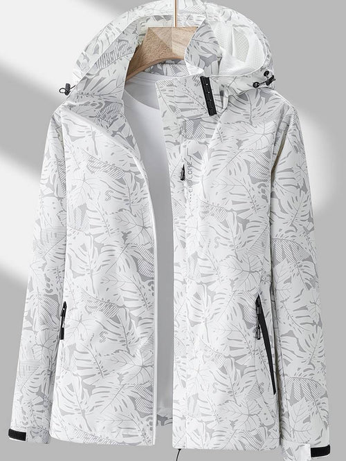 Men's Hooded Outdoor Jacket with Zip Fastening and Printed Design - White