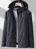 Men's Hooded Outdoor Jacket with Zip Fastening and Printed Design - Black