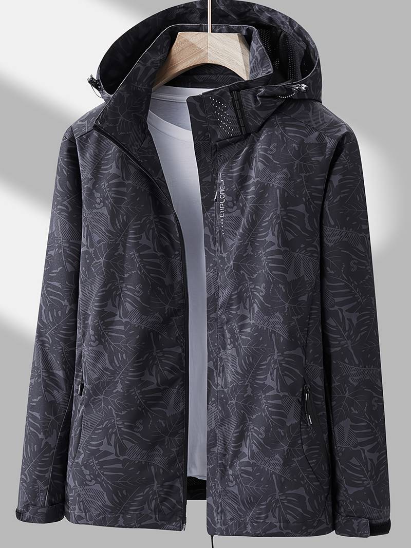 Men's Hooded Outdoor Jacket with Zip Fastening and Printed Design - Black