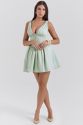 Women's Sleeveless Mini Dress with Corset Bodice and Gathered Skirt - Green