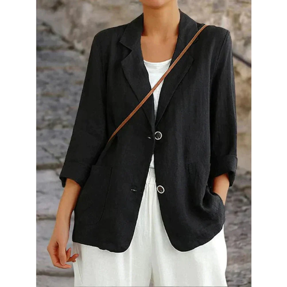 Women's Tailored Blazer with Notch Lapel and Patch Pockets - Black