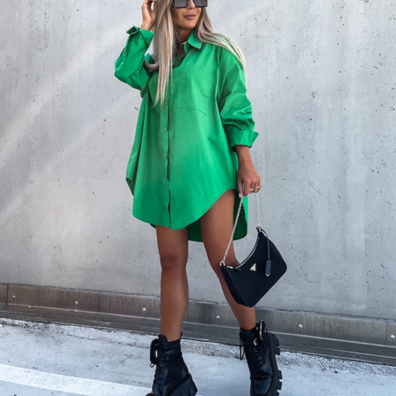 Women's Oversized Blouse with Curved Hem and Long Sleeves - Green