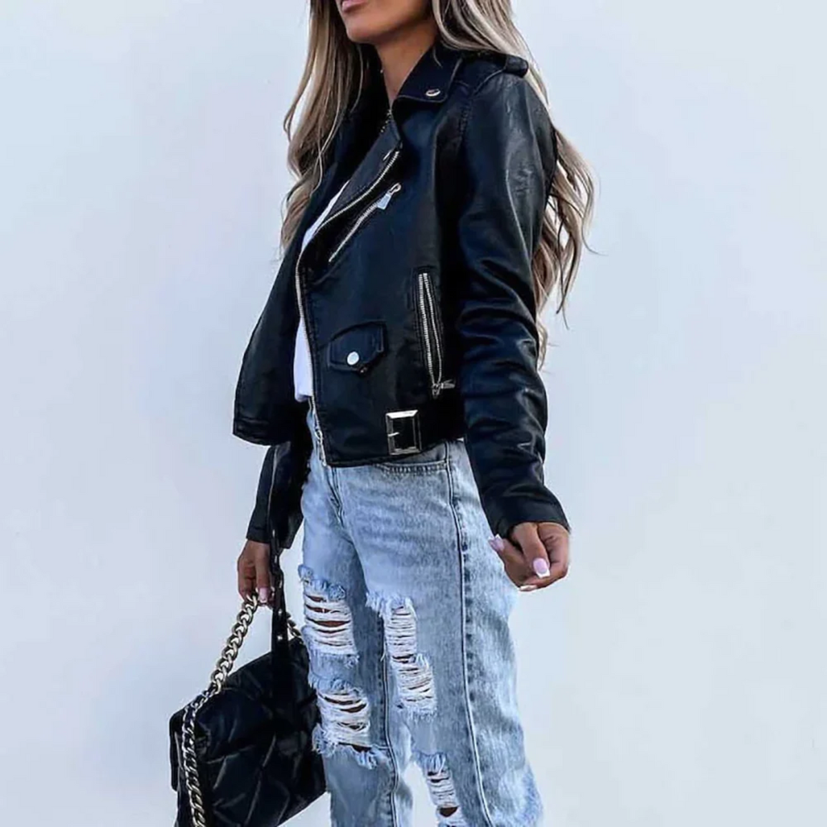 Women's Faux Leather Biker Jacket with Zip Fastening - 3