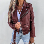 Women's Faux Leather Biker Jacket with Zip Fastening - Red