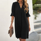 Women's Midi Dress with Flutter Sleeves and V-Neck - 2