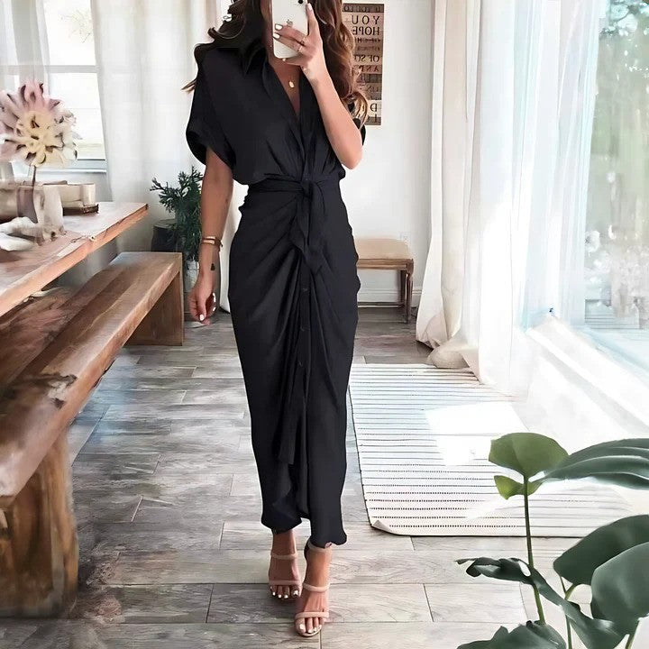 Women's Shirt Dress with Collar and Waist Tie - Black