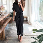 Women's Shirt Dress with Collar and Waist Tie - Black