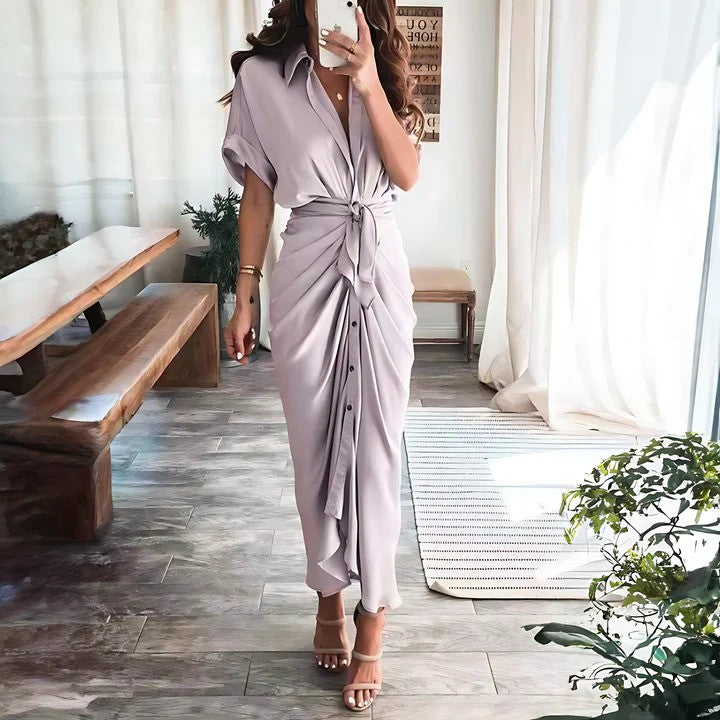 Women's Shirt Dress with Collar and Waist Tie - 2